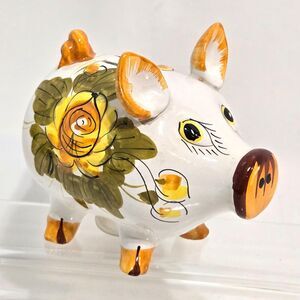 Vintage Deruta Italy Hand Painted flower Pig Bank Coin Piggy Yellow Pottery 5"
